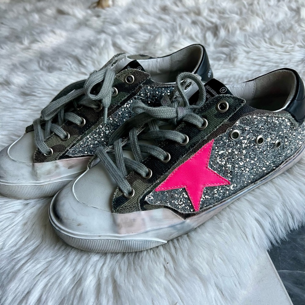 Golden Goose Super-Star sneakers silver glitter, pink heart & camouflage canvas